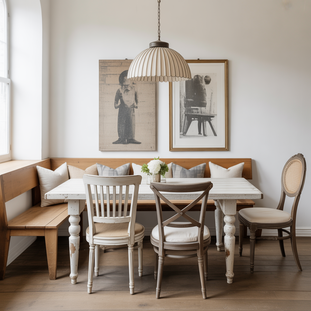 Eclectic mix of chairs and a cozy banquette create a relaxed, collected kitchen vibe.

