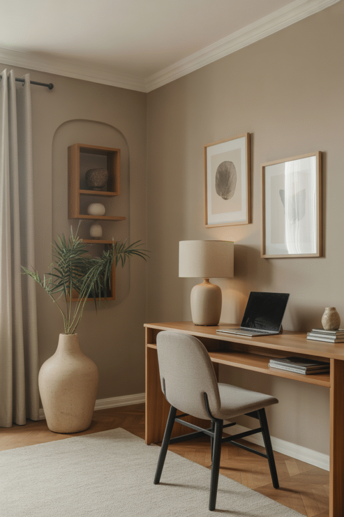 Cozy home office with soft greige walls and neutral accessories.