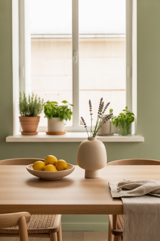 Dining area with sage walls, natural oak furnishings, and earthy green accents.