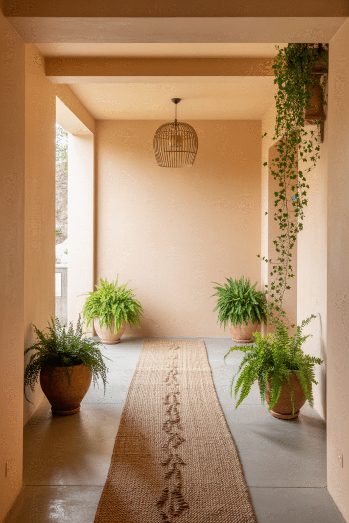 Warm and welcoming entry with soft clay tones and rustic textures.