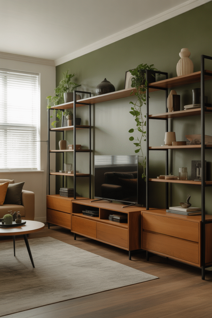 Dusty olive wall brings cozy, earthy tones to a layered organic living space.