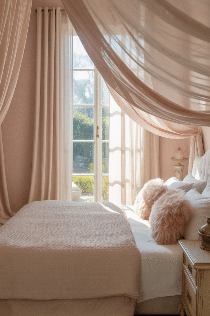Delicate blush-painted bedroom with soft, romantic textures.