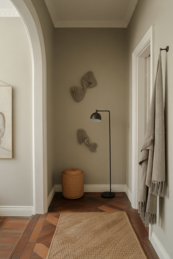 Pale, stone-inspired walls with muted gray and woven details.