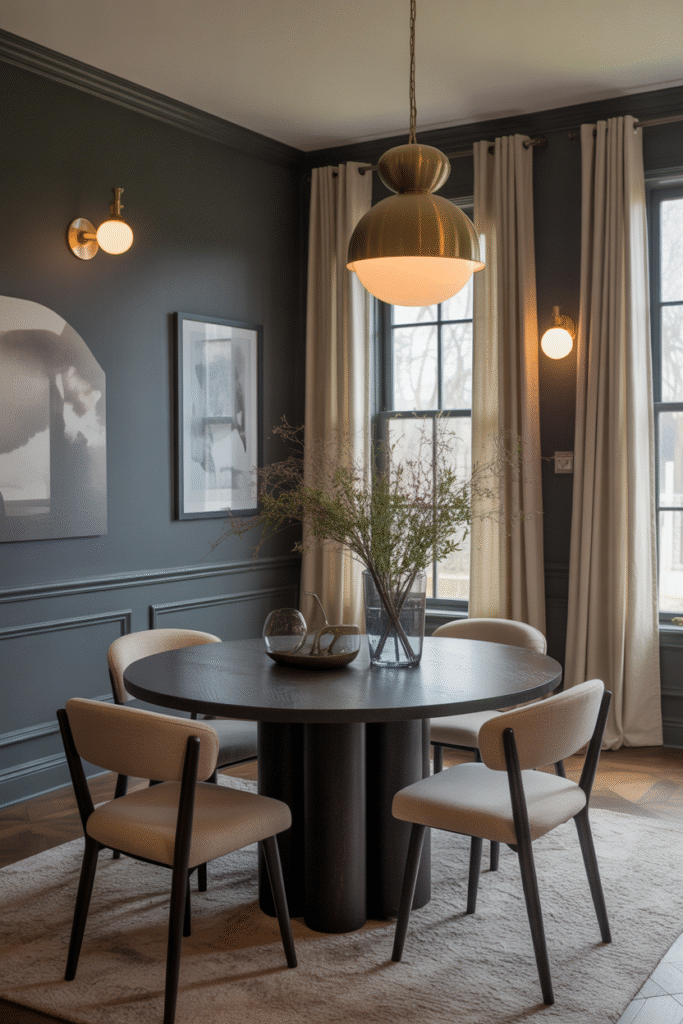 Charcoal-painted dining space with elegant, moody accents and soft light.