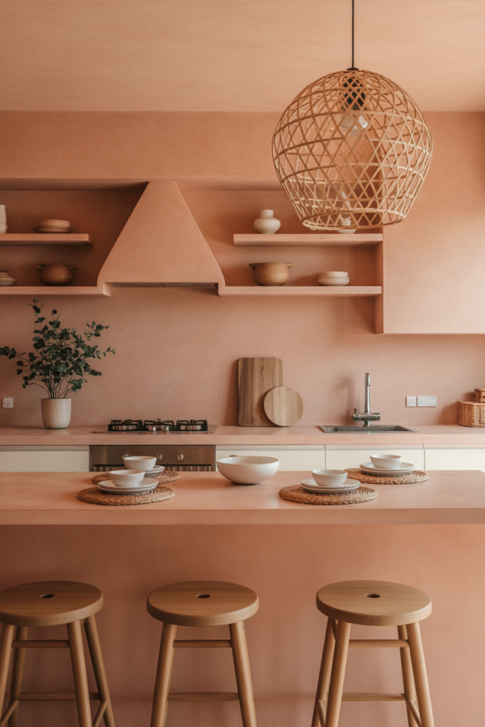 arthy terracotta kitchen with natural accents and warm lighting.