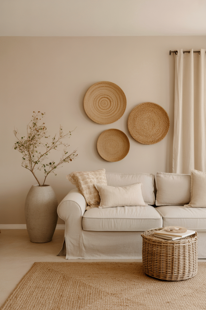 Soft beige room layered with cozy, organic textures.