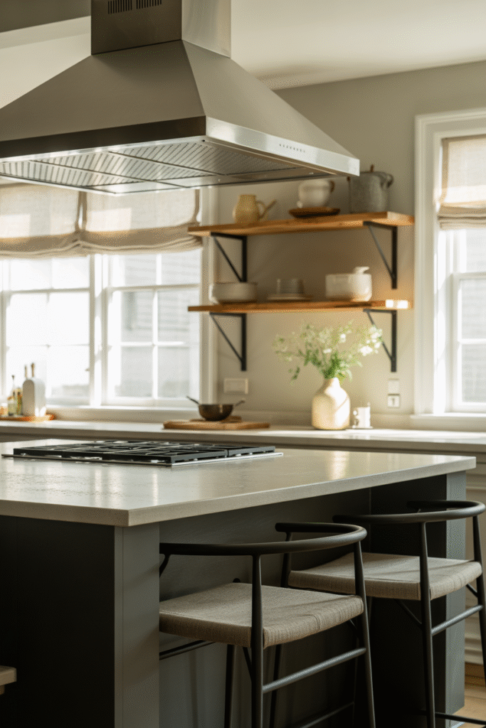 Gray-toned kitchen featuring rustic-modern textures and earthy elements.