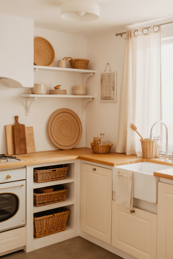 Fresh white kitchen layered with natural materials and soft neutrals.