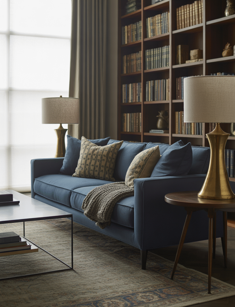Home office featuring a navy blue couch, styled with brass lamps, warm wood furniture, and neutral rugs, offering a timeless and elegant aesthetic.