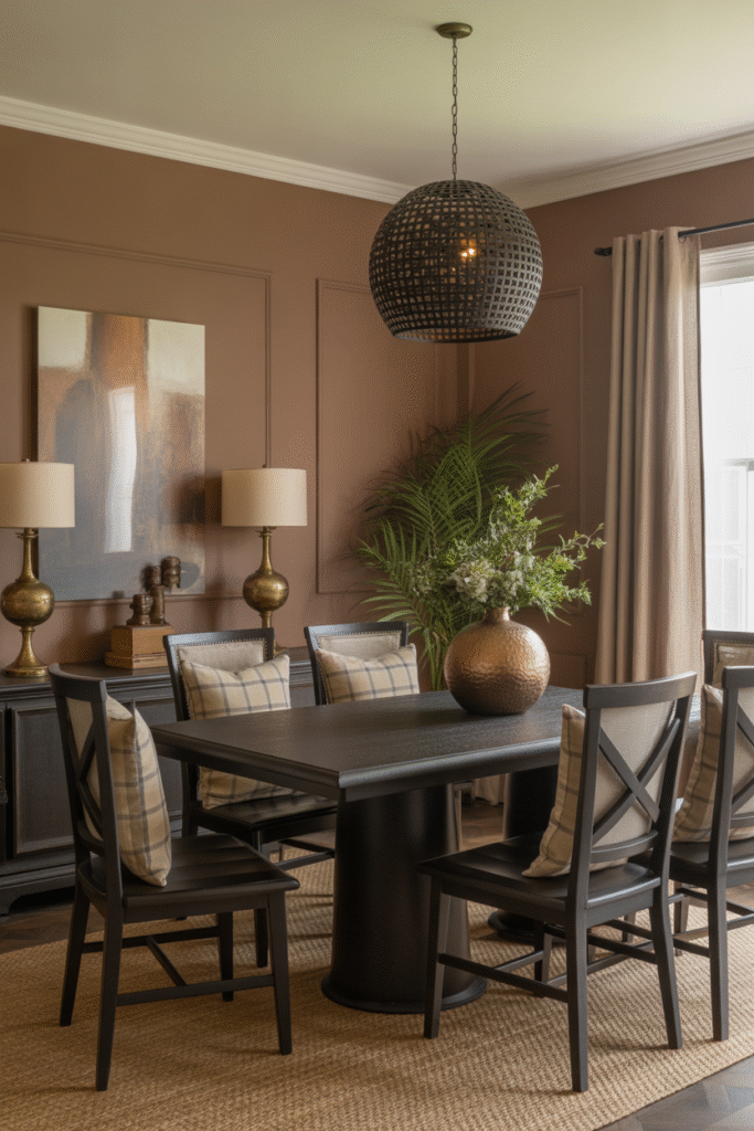 Warm-toned dining area with cozy, cocoa-colored walls and rich textures.