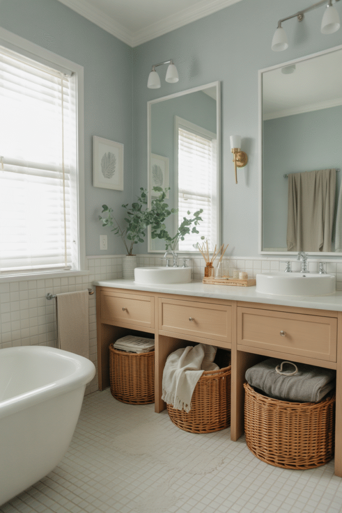 Soothing blue-gray bathroom with soft natural materials and clean design.