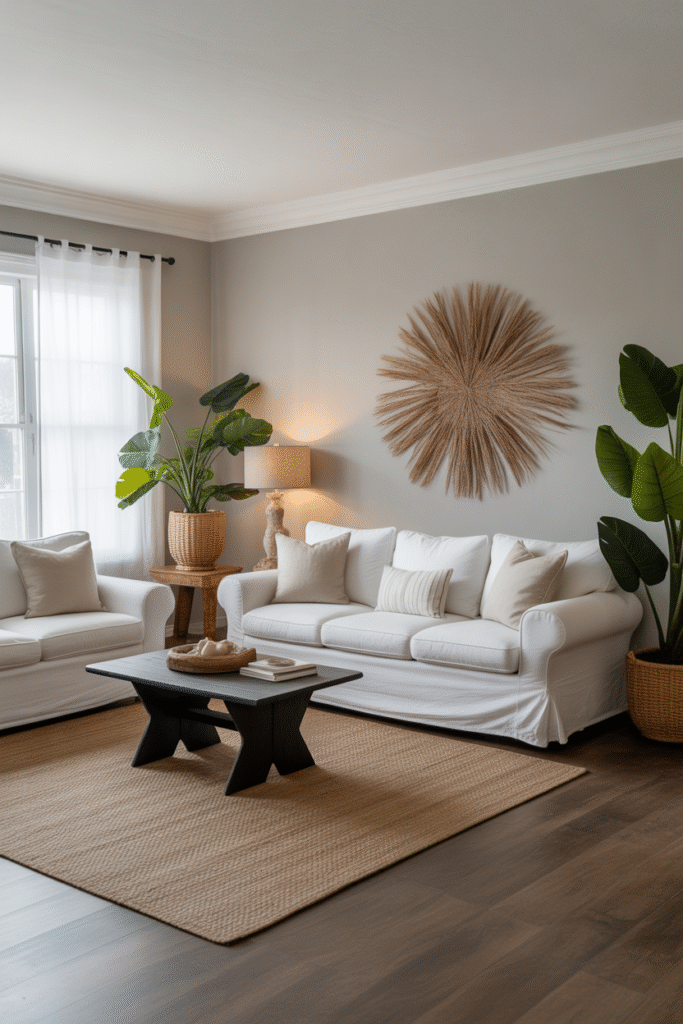 Light gray living space with versatile decor and natural warmth.