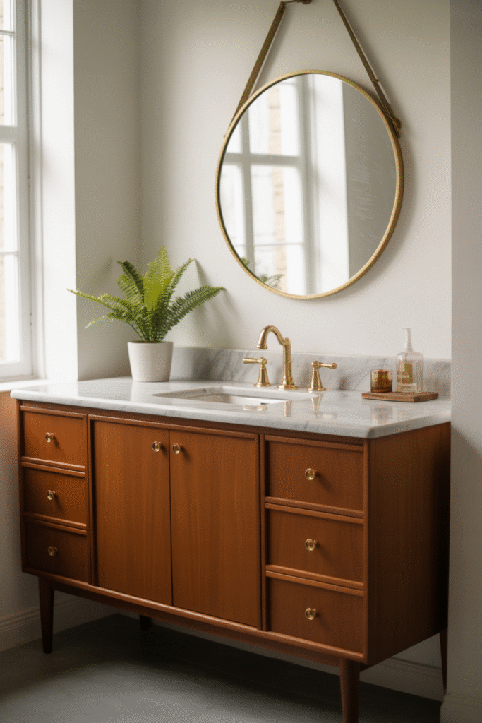 Bathroom with rich teak vanity, brass accents, and a round mirror against crisp white walls.