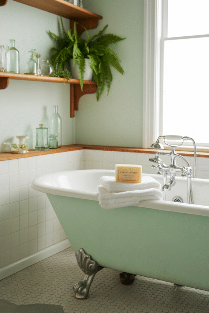 Soft pastel bathroom with mid-century charm and natural wood accents.