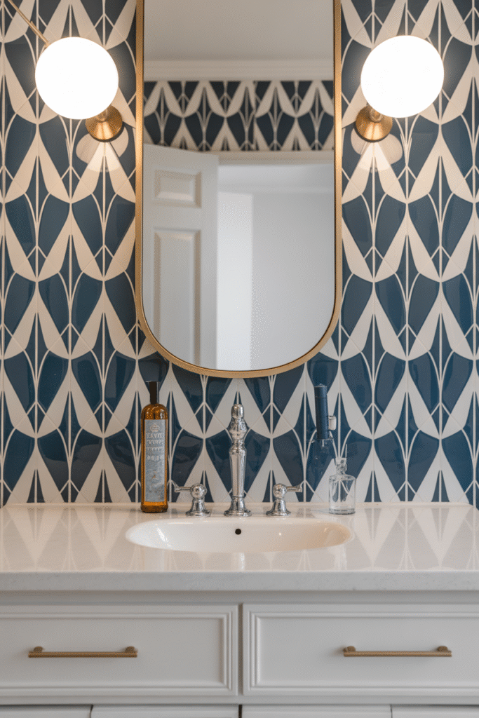 Bold geometric tile backsplash adding pattern to a clean mid-century bathroom.