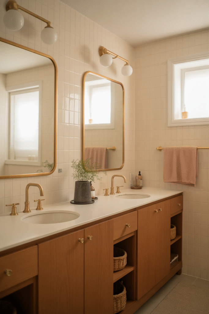 Bathroom with warm brass fixtures and mid-century modern styling.