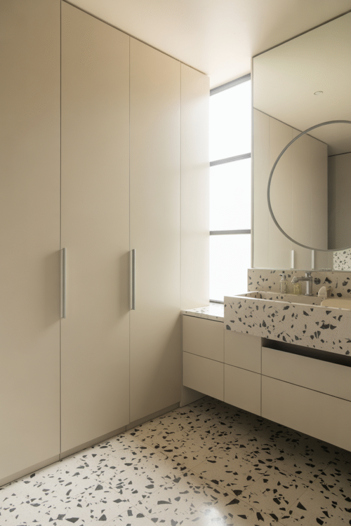 Speckled terrazzo floors in a sleek, vintage-modern bathroom setting.