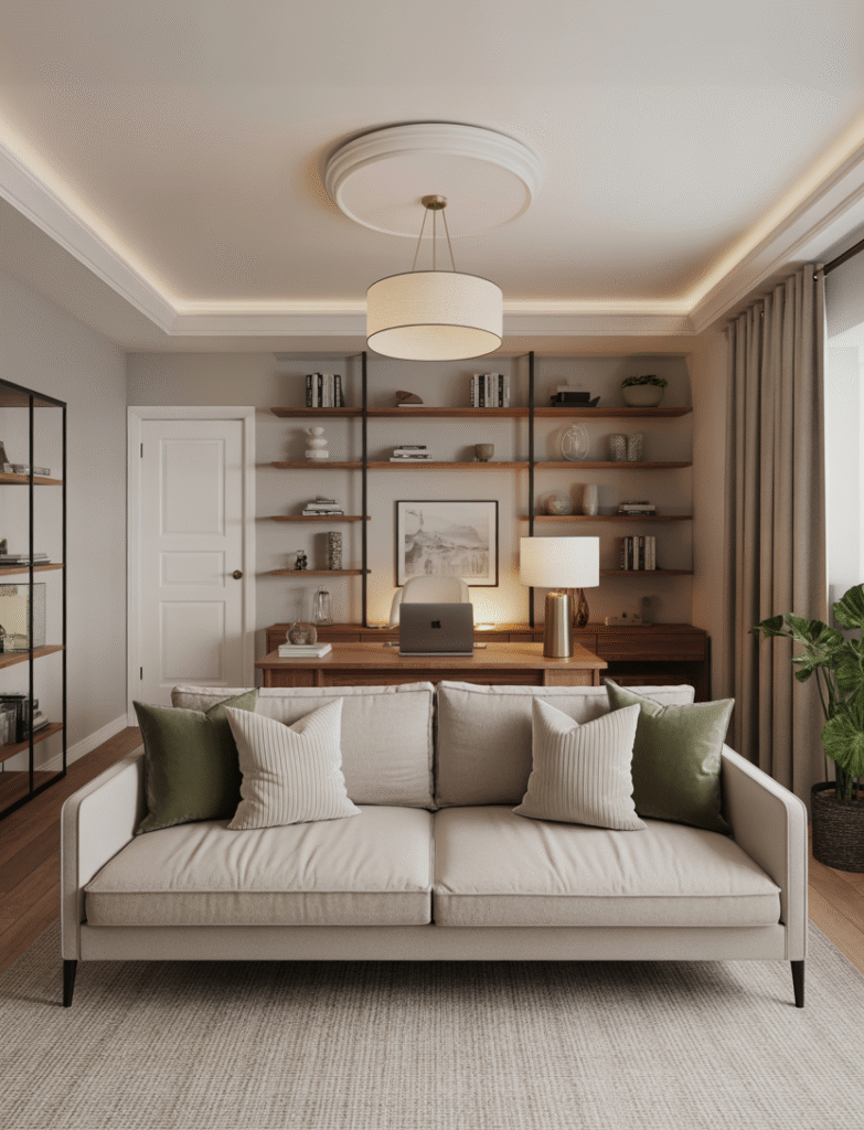 Open home office with a couch in the middle of the room and a desk placed behind it, with a console table for extra storage and soft ambient lighting.