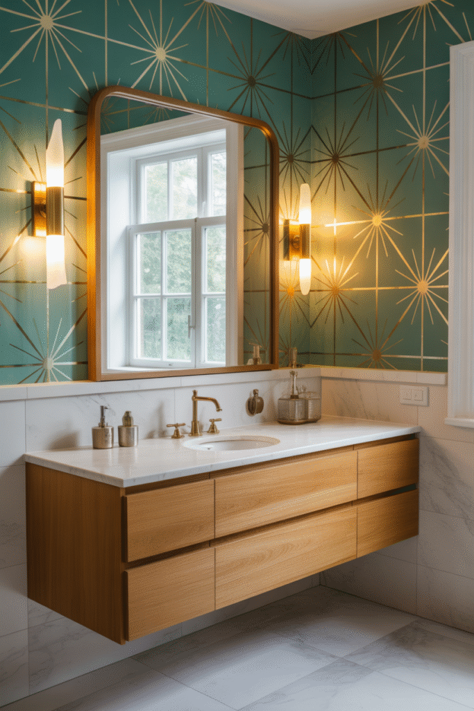 Small bathroom with bold retro wallpaper and mid-century design touches.