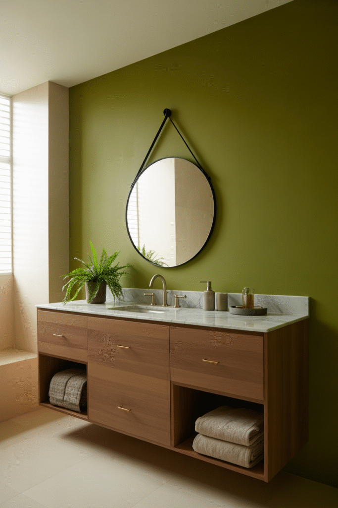 Earthy green accent wall in a bathroom with warm wood and brass details.