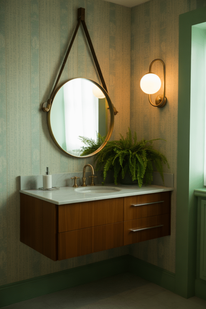 Round mirror centered above a floating vanity with soft, curved mid-century lines.
