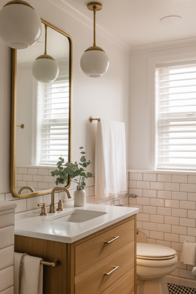 Retro globe lights bring soft mid-century glow to a clean modern bathroom.