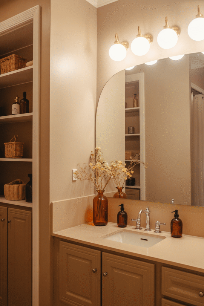 Amber glass decor adds warmth and vintage flair to a stylish bathroom.