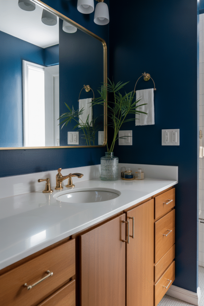 Navy wall brings drama and elegance to a wood-and-brass vintage-inspired bathroom.