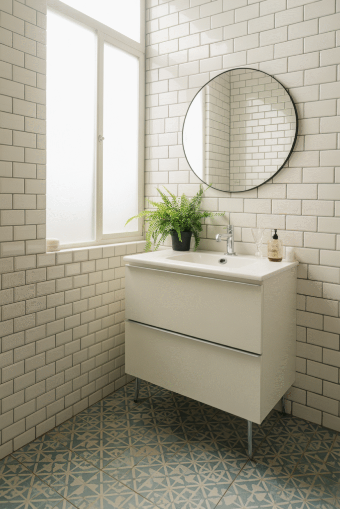 Vintage-style patterned tile floor adds depth and detail to a compact bathroom.