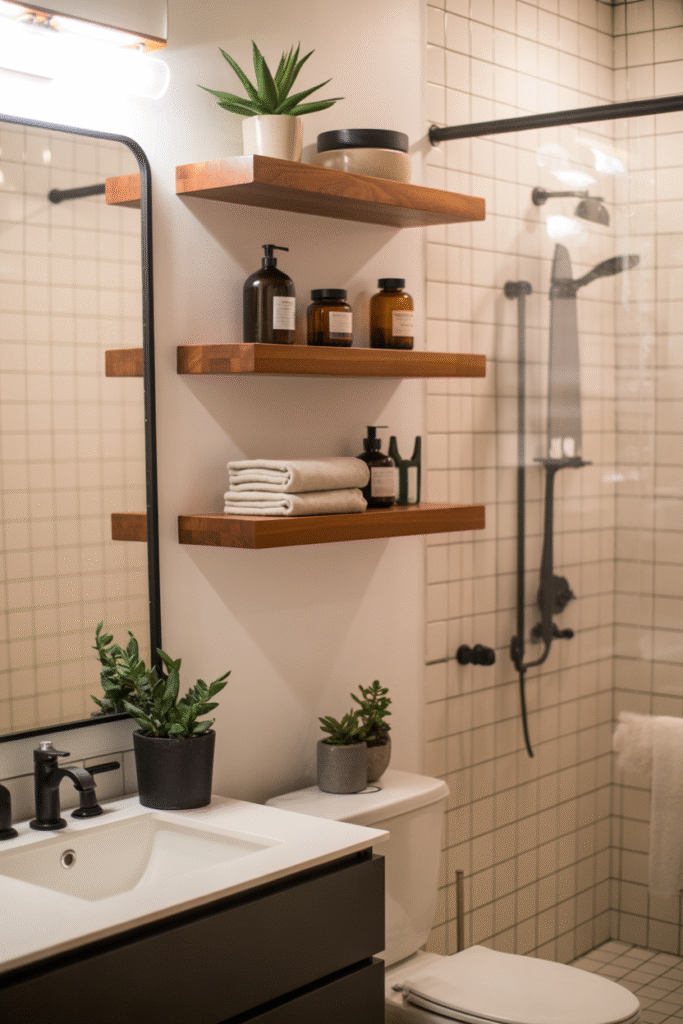 Floating wood shelves styled with natural accessories in a modern retro bathroom.