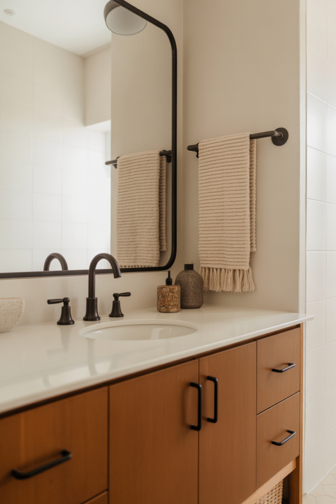 Matte black hardware contrasts beautifully with warm mid-century elements.