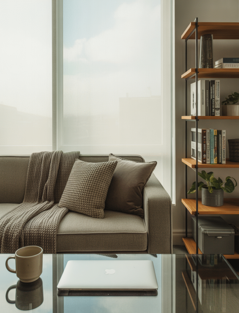 Home office with a plush fabric couch paired with a sleek glass desk and a wood-and-metal bookshelf, combining different textures for a layered and sophisticated look.