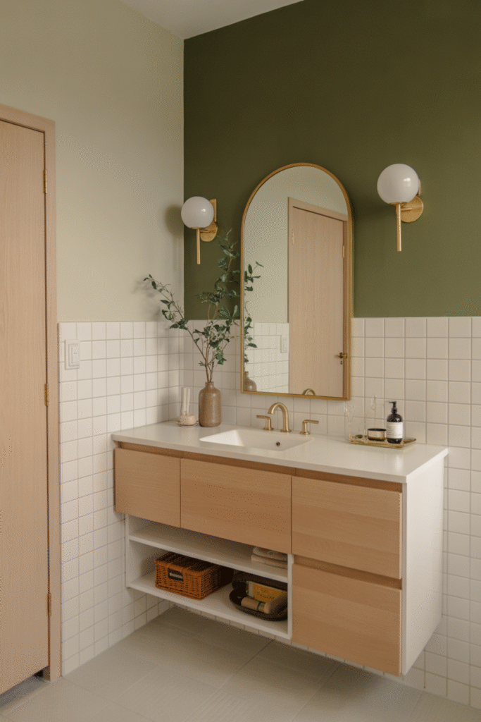 Color-blocked bathroom wall in olive and white with clean, modern styling.