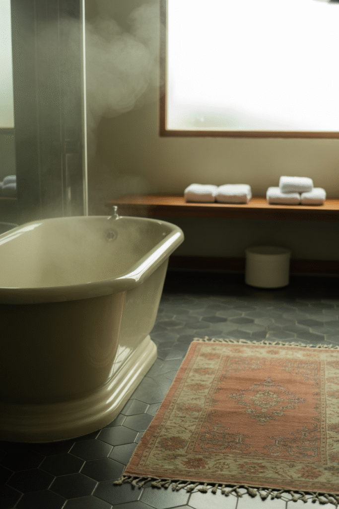 Mid-century wood bench adds warmth and function to a spacious bathroom.