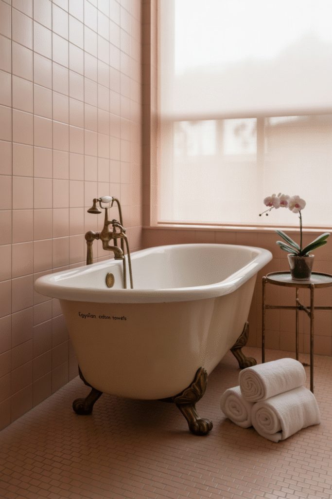 Soft pink accents add gentle vintage charm to a light and airy bathroom.
