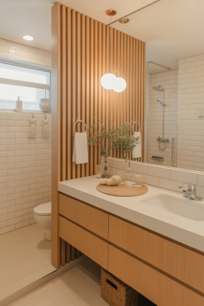 Natural wood slat feature wall creates texture and warmth in a minimalist bathroom.