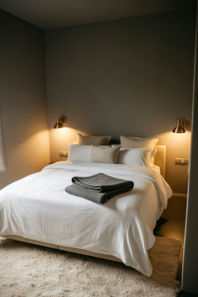 A small bedroom with deep gray walls, white linens, and warm brass lighting.