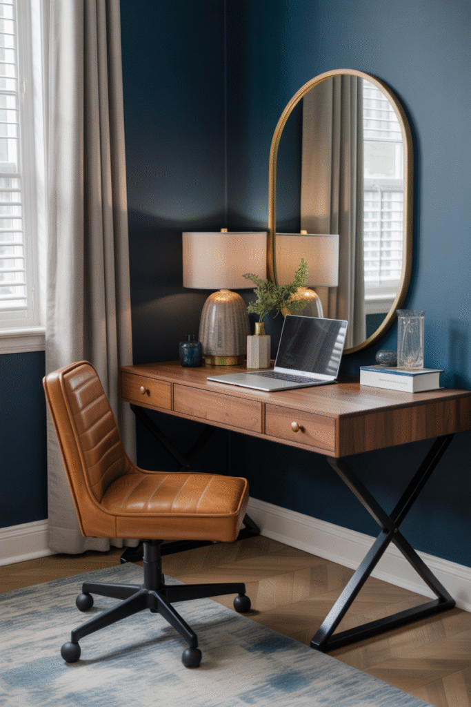 Navy-painted office space with rich wood tones and luxe metallic accents.