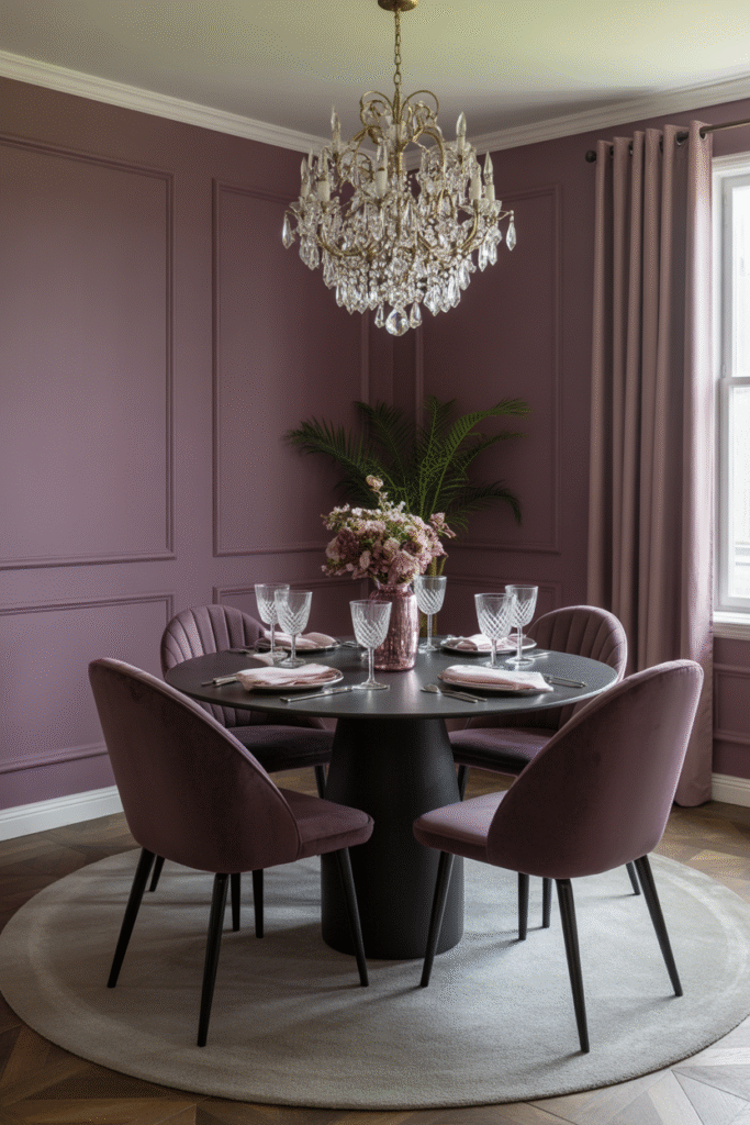 Dining space featuring moody plum walls and elegant vintage details.