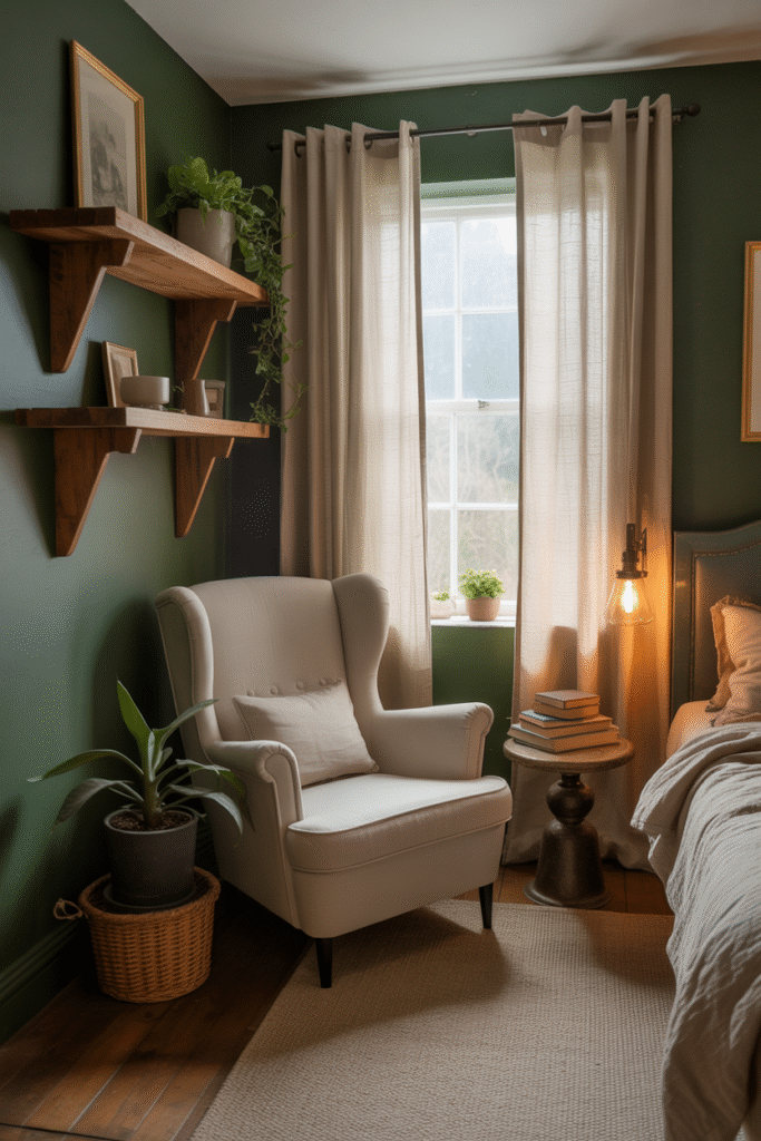 A serene, green-toned bedroom with earthy textures and cozy decor.
