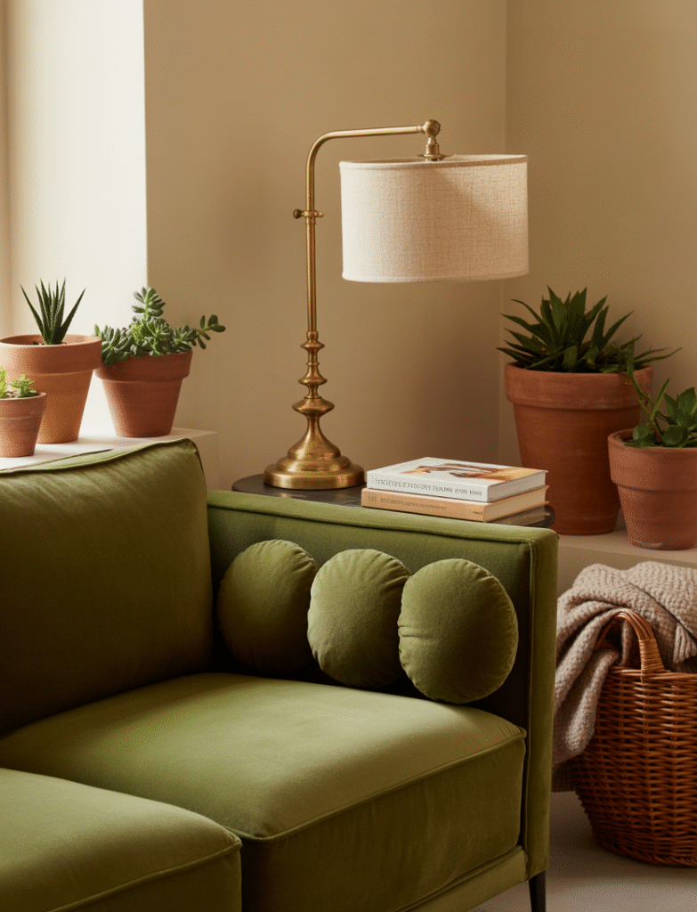 Home office with an olive green couch, surrounded by terra-cotta pots, rattan baskets, and creamy beige walls, creating an earthy, organic feel.