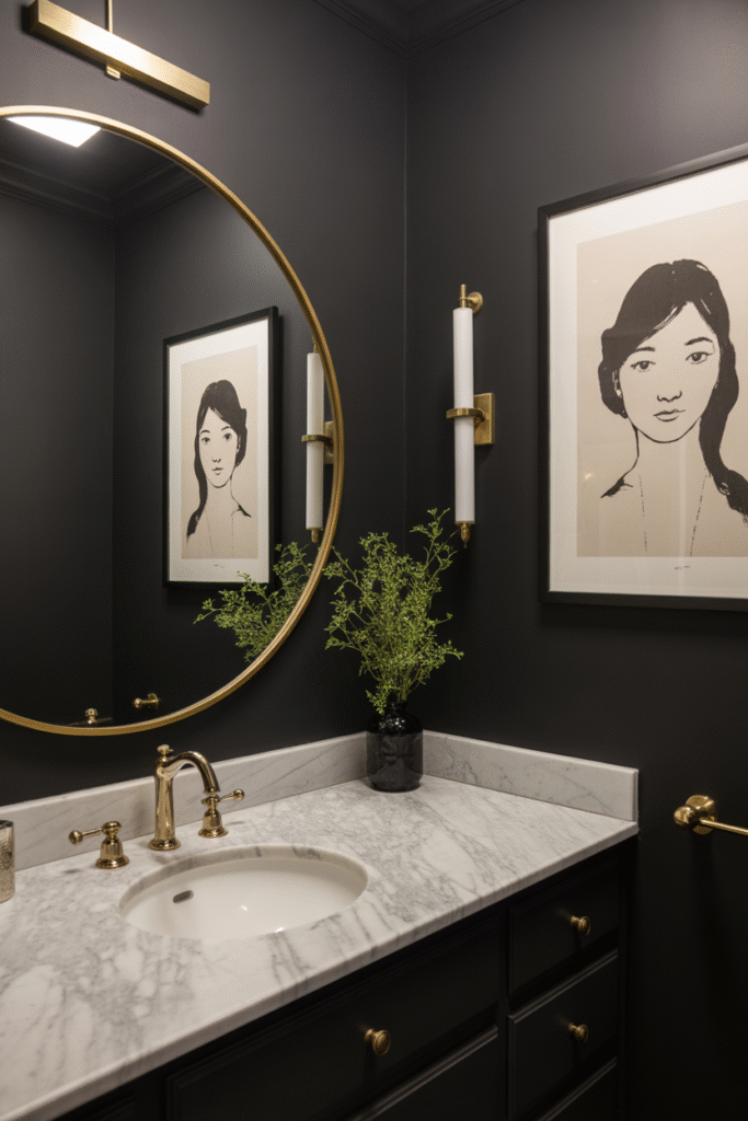 Dramatic black bathroom with warm accents and a modern aesthetic.