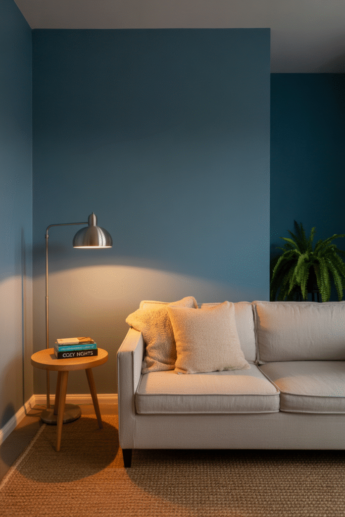 Compact space with a deep gray-blue palette and comfortable textures.