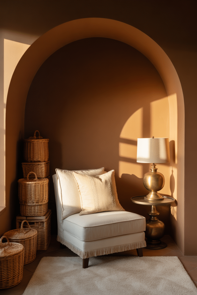 A snug sitting area in warm brown tones with rustic and soft elements.
