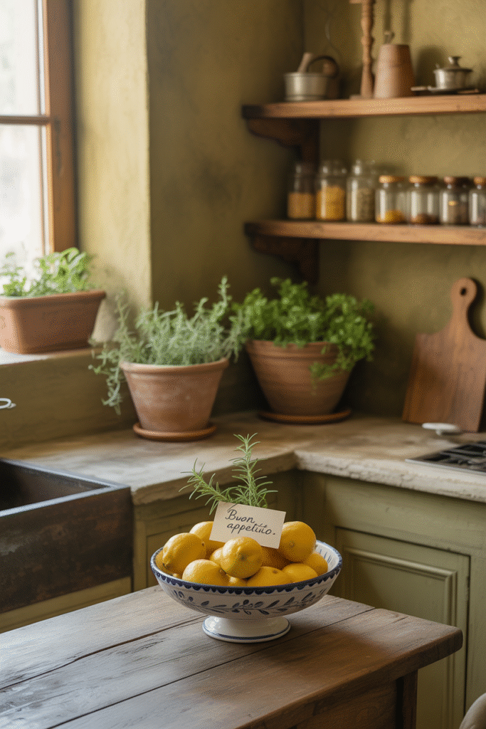 Earth-toned kitchen with olive walls and simple organic accessories.