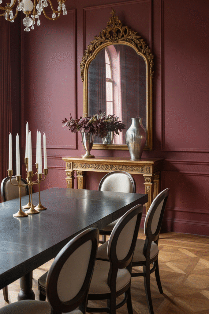Luxurious dining space with deep red walls and vintage decor.