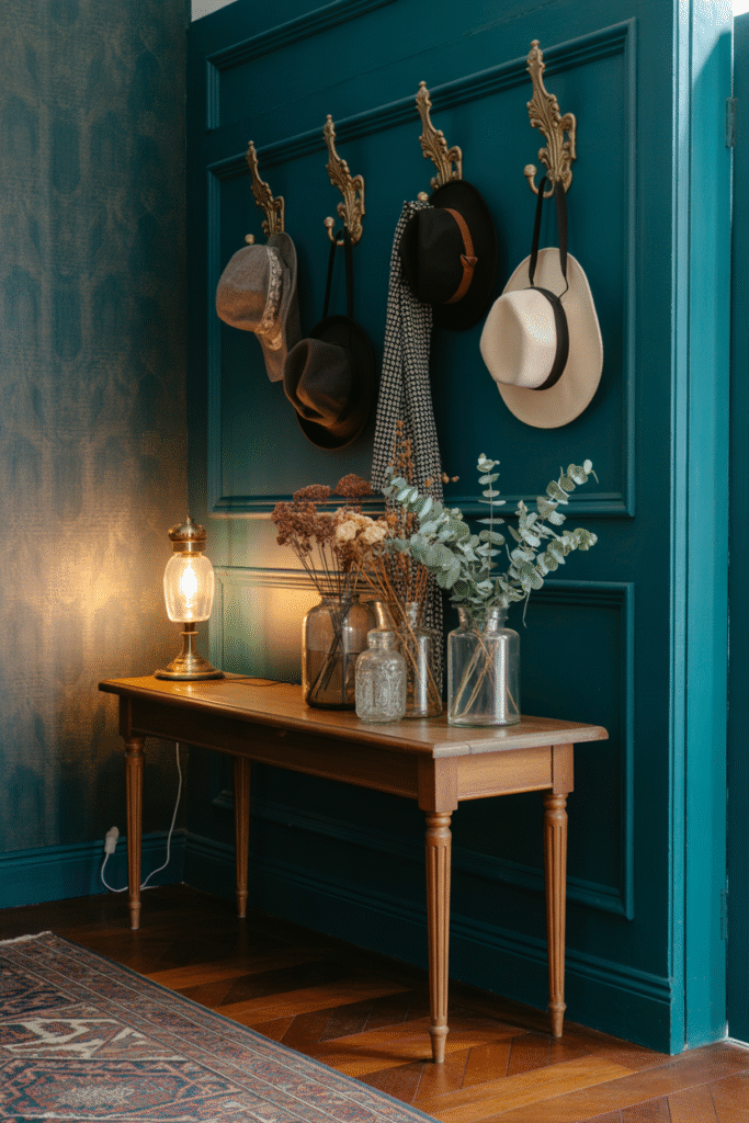 Bold teal-painted hallway with minimal decor and golden accents.