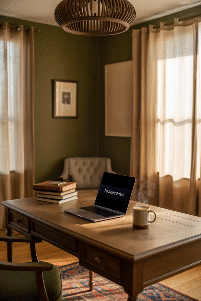 Organic-toned workspace with olive walls and cozy natural textures.