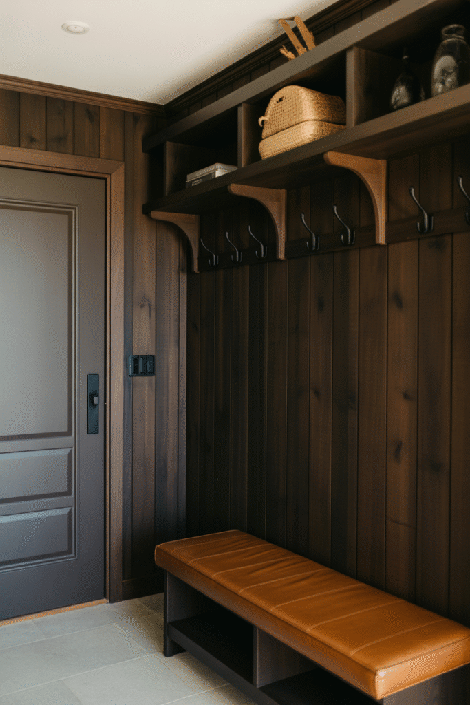 Dramatic entry space with charred-toned walls and stylish functionality.