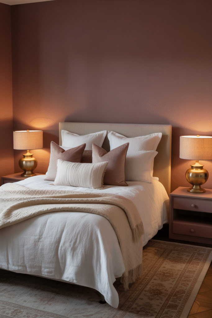 Cozy bedroom with soft purple tones and warm metallic touches.